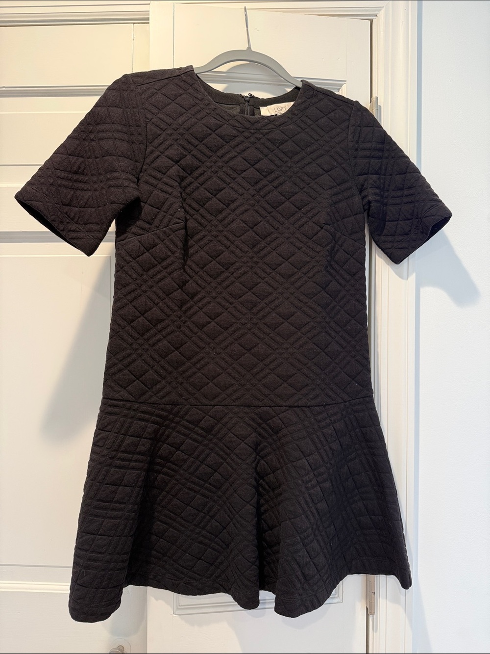 LOFT Black Quilted Short-Sleeve Drop-Waist Dress